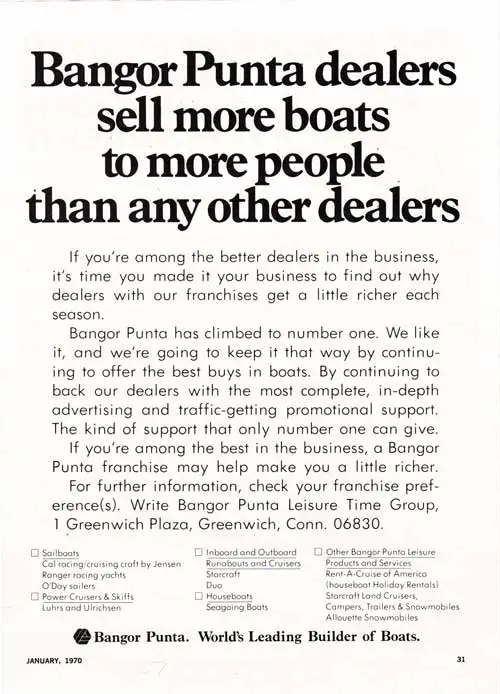 Bangor Punta dealers sell more boats to more people than any other dealers - 1970 Print Advertisement