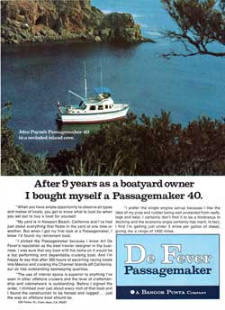 1972 John Payne's Passagemaker 40 Trawler in a secluded island cove.