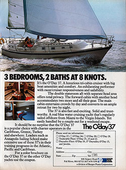The O'Day 37 - 3 Bedrooms, 2 Baths at 8 Knots. 1982 Print Advertisement
