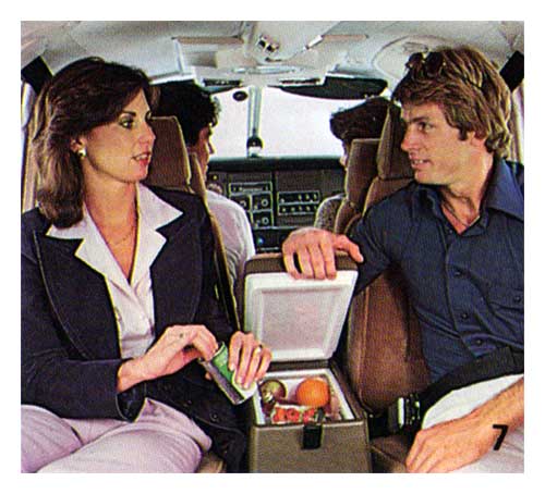Refreshment console keeps hot and cold food convenient while it serves as a wide center armrest. - 1980 Brochure