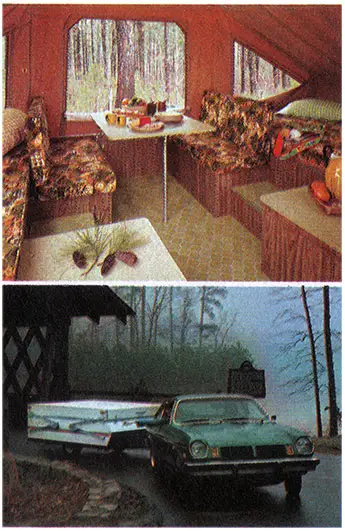 Top: View of Interior of Camper; Bottom: Small Car Towing a Starcraft Camper.
