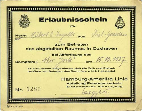 Erlaubnisschein or Permission Card for the SS New York 1927