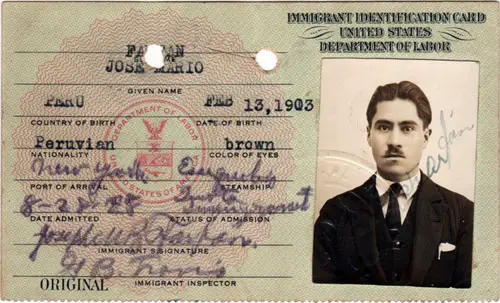 Immigrant ID Card issued by the US Department of Labor for Non-Quota Immigration Visa in 1928 to a Peruvian refugee.