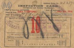 Immigrant Inspection Card - Liverpool to New York - 1910