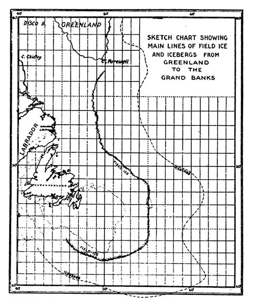 Sketch Chart Showing Main Lines of Field Ice and Icebergs from Greenland to the Grand Banks.