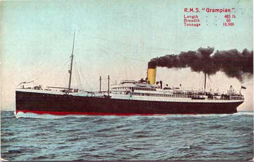 Early 1900s Postcard : Allan Line RMS Grampian. 485 Feet, 10,900 Tons