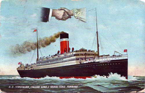1910 Postcard : Allan Line SS Virginian - Hands Across The Sea