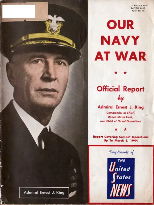 Front Cover, Our Navy at War, Official Report by Admiral Ernest J. King, Commander in Chief, United States Fleet, and Chief of Naval Operations.