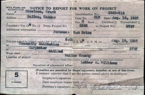 1937-08-19 Notice To Report For Work On Project 5727 - WPA Form 402