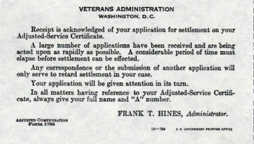 Receipt for Application for Settlement - Adjusted Service Certificate 