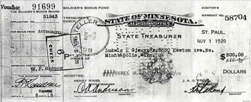 Voucher 91699 State of Minnesota Payment for Soldiers Bonus 1920