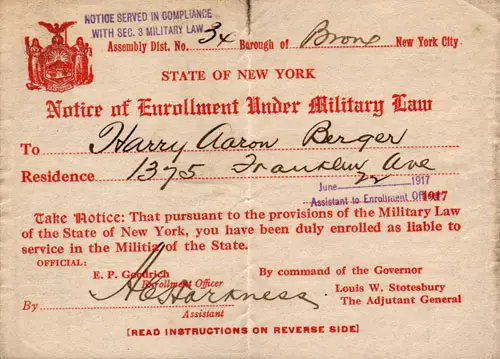 Notice of Enrollment Under Military Law - State of New York