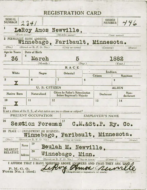 Front Side, World War 1 Draft Registration Card, LeRoy Amos Newville of Winnebago, Minnesota dated 12 September 1918.
