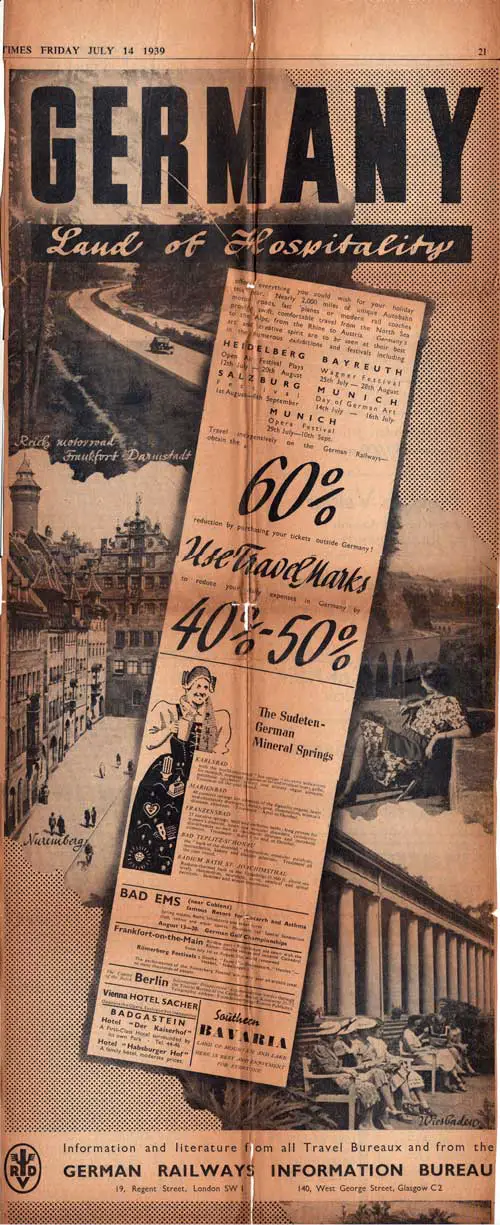 German Tourist Print Ad - London Times in July 1939
