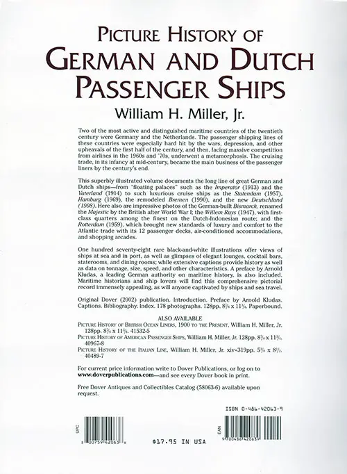 Back Cover, Picture History of German and Dutch Passenger Ships by William H. Miller, Jr., 2002.