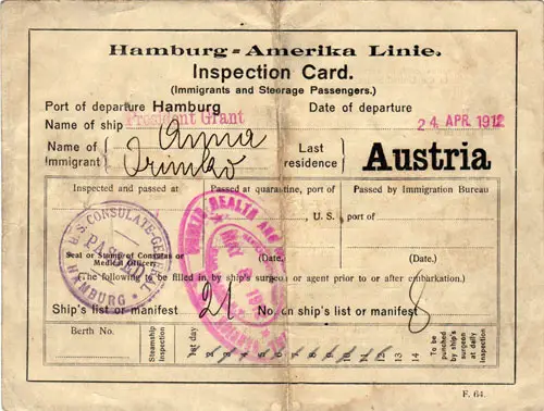 Front of Immigrant Inspection Card from the SS President Grant of the Hamburg-American Line, 24 April 1912.
