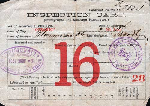 Example of an Inspection Card for Immigrants and Steerage Passengers, Stamped in Liverpool on 5 June 1901 as Inspected and Passed.