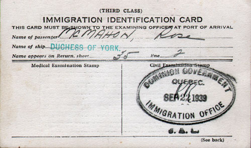 Canadian Immigration Identification Card - Third Class Passenger -1939 - Front Side