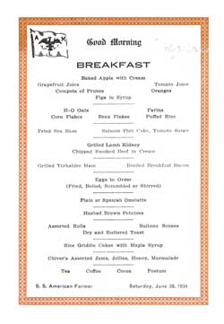 Breakfast Menu Card, SS American Farmer, American Merchant Lines, 1934