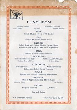 Luncheon Menu Card, SS American Farmer, American Merchant Lines, 1934