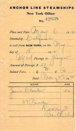 SS California of the Anchor Steamship Line Second Cabin Ticket Receipt, 6 May 1912 for a Voyage from New York to Glasgow on 18 May 1912.