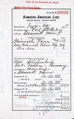 SS President Lincoln Prepaid Steerage Ticket/Contract, 20 November 1907 for a German Immigrant Family.