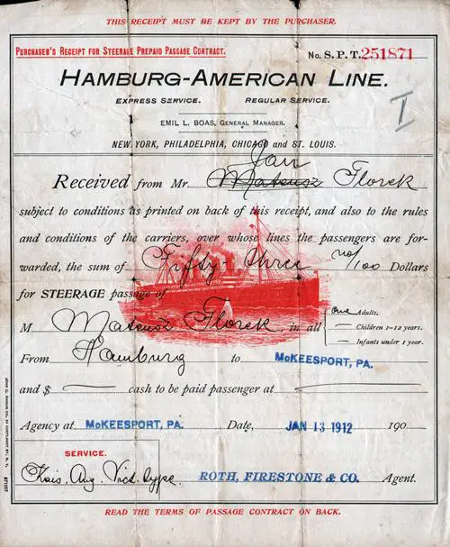 Purchaser's Receipt for Steerage Prepaid Passage Contract on the Hamburg-American Line of $53.00 for Steerage Passage from Hamburg to New York (McKeesport, PA being the final destination), dated 13 January 1912.