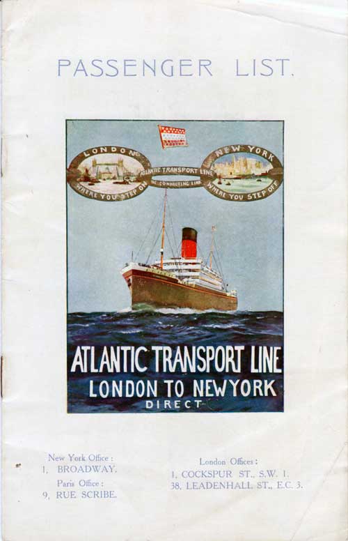 Passenger List, Atlantic Transport Line SS Minnekhda - Sep 1927