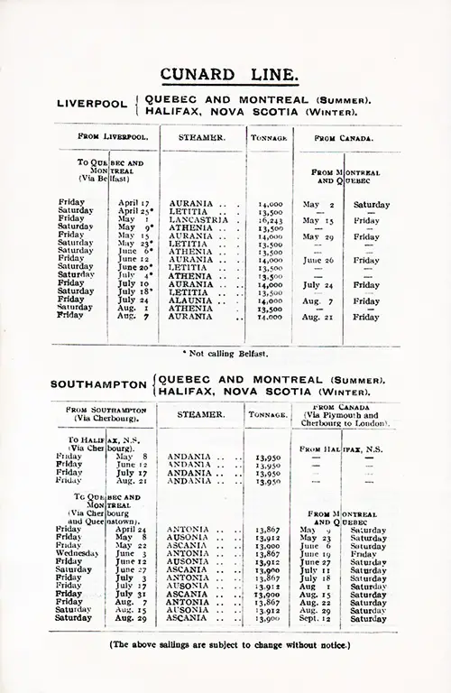 Sailing Schedule, Liverpool to Canadian Ports and Southampton to Canadian Ports, from 17 April 1925 to 12 September 1925.