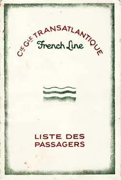 Front Cover, Passenger List, SS De Grasse, CGT French Line, 4 July 1929