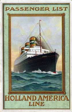 Front Cover of a Cabin Passenger List for the SS Rotterdam of the Holland-America Line, Departing 8 June 1921 from Rotterdam to New York via Boulogne-sur-Mer and Plymouth