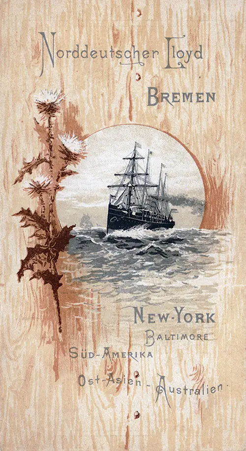 Front Cover, Cabin Passenger List for the SS Werra for the North German Lloyd, Departing on Saturday, 3 May 1890 from Bremen to New York.