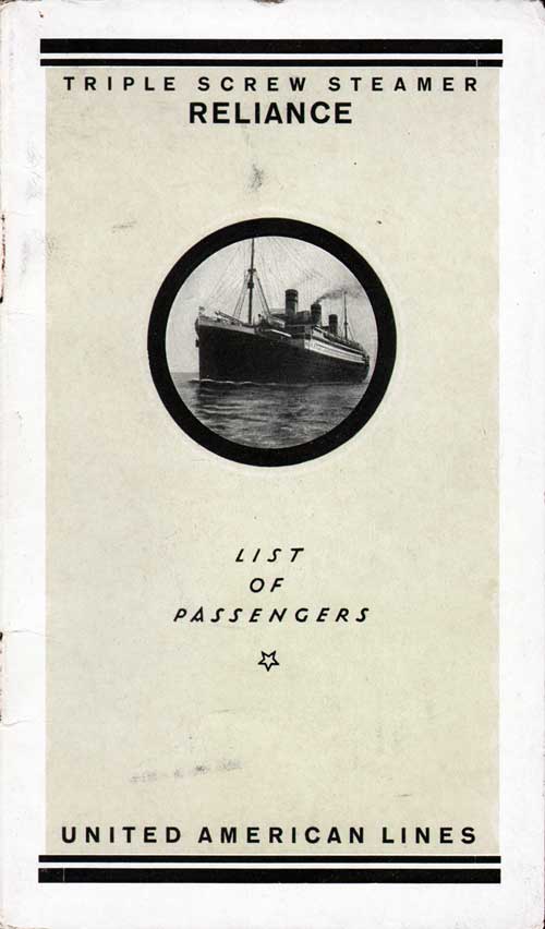 Front Cover, Cabin Passenger List from the SS Reliance of the United American Lines, Departing 10 July 1923 from Hamburg to New York.