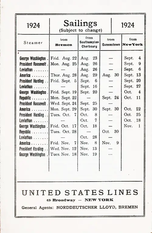 Sailing Schedule, Breman-Southampton/Cherbourg-Queenstown (Cobh)-New York, 22 August 1924 to 19 November 1924.