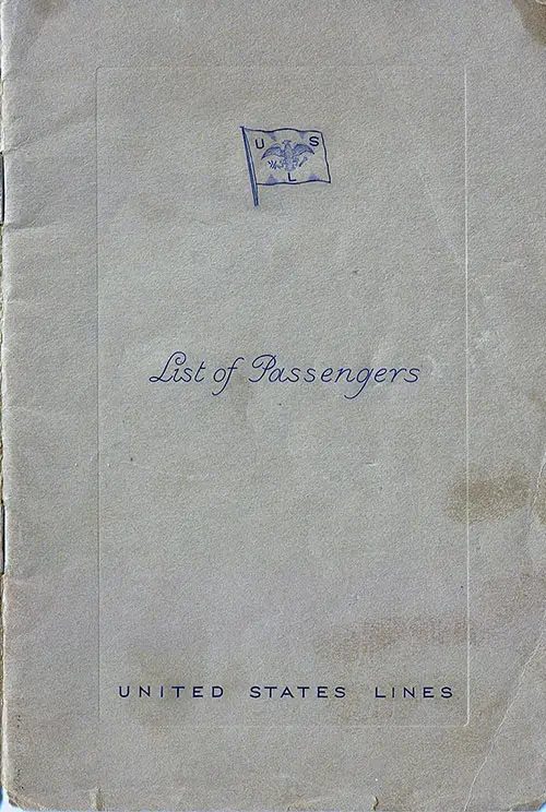 Front Cover, Passenger List, United States Lines SS Manhattan, 21 October 1936