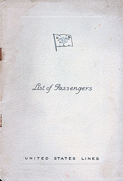 Front Cover, Tourist Passenger List for the SS Washington of the United States Lines, Departing 22 August 1939 From Hamburg to New York.