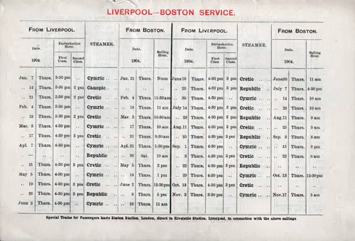 Sailing Schedule, Liverpool-Boston Service, from 7 January 1904 to 17 November 1904.
