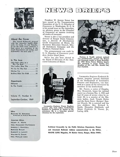 News Briefs and Contents, Main Line Magazine, Bangor and Aroostook Railroad, A Bangor Punta Company, September-October 1969.