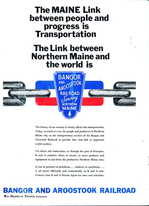Back Cover, Main Line Magazine, Bangor and Aroostook Railroad, A Bangor Punta Company, September-October 1969.
