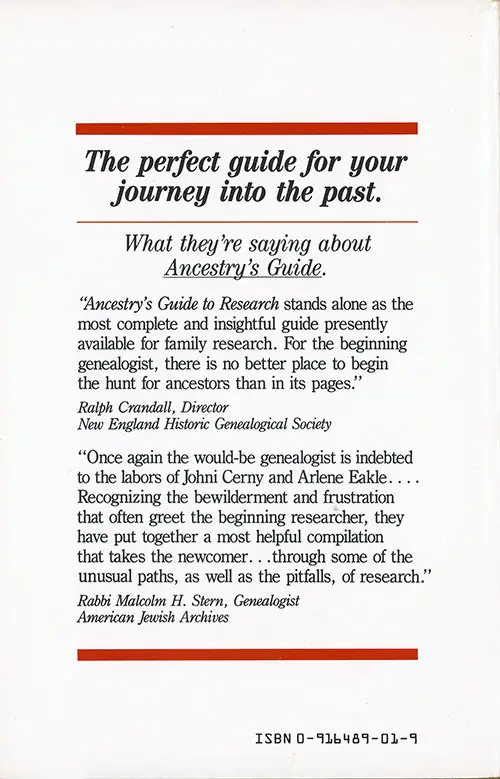 Back Cover, Ancestry's Guide To Research: Case Studies in American Genealogy, 1985.