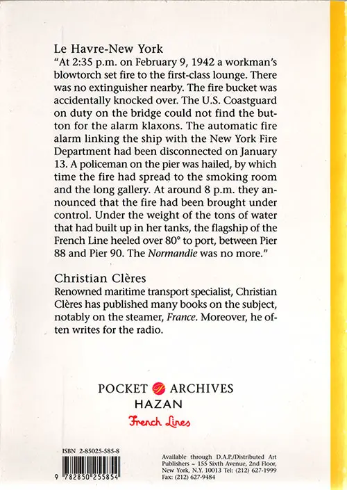 Back Cover, Le Havre - New York: French Lines by Christian Clères, 1997.