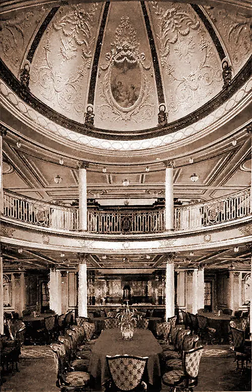 View of the Upper and Lower First Class Dining Saloon and Dome on the RMS Lusitania.