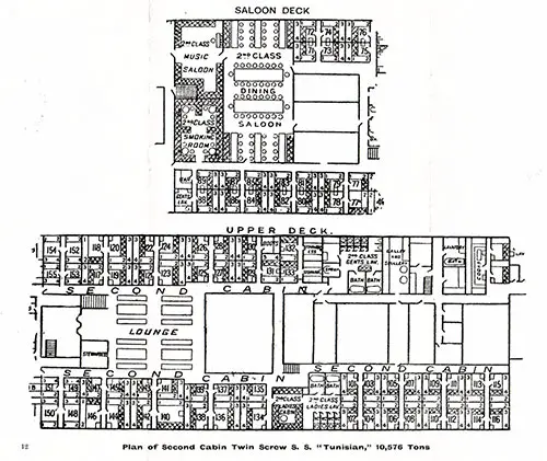 Plan of Second Cabin, Twin Screw SS Tunisian, 10,576 Tons