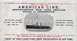 American Line, Southampton - New York Service, First Cabin Rates - 1901 Brochure 