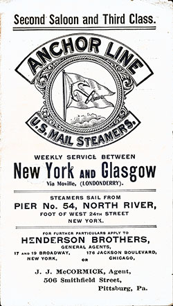 1902 Anchor Steamship Line Brochure for Second Saloon and Third Class Passengers.