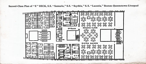 Second Class Plan of "E" Deck for the SS Samaria, SS Scythia, and SS Laconia