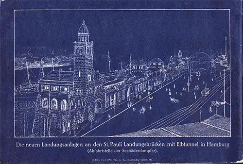 Auf der Rückseite: Die neuen Landungsanlagen an den St. Pauli Landungsbrücken mit Elbtunnel in Hamburg.