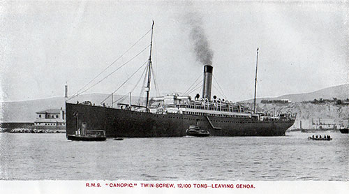 RMS Canopic, Twin-Screw, 12,000 Tons, Shown Leaving the Port of Genoa, Italy.
