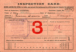 Front Side of US Immigration Inspection Card, Norwegian Immigrant, Josua Grava from Haugo, Voss, Norway