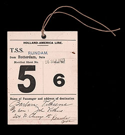 Immigrant ID Tag Worn on the Outer Garment by Barbara Vitkiene, an Immigrant on the TSS Rijndam of the Holland America Line, Manifest Sheet No. 5, List No. 6, 26 September 1923.